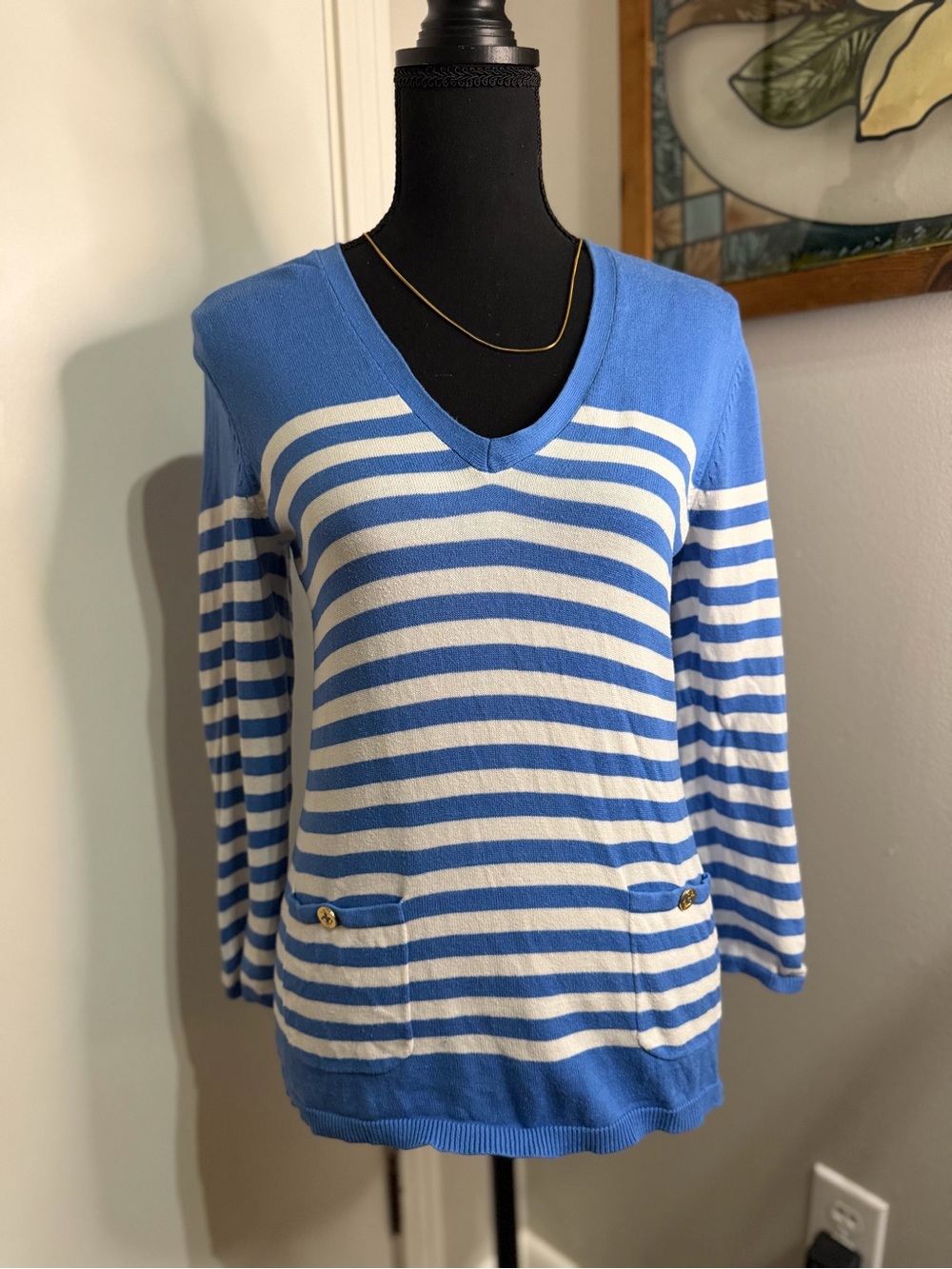 Lauren Ralph Lauren Blue and White Striped V-Neck Sweater